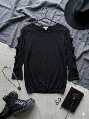 Terra & Sky 1X Black Lattice Sleeve Bubble Hem Top Plus Size 16W-18W Stretch